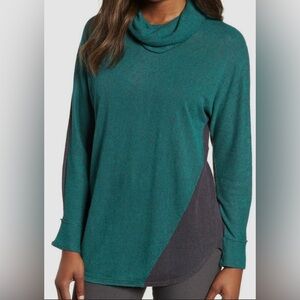 Nic+Zoe Cowl Neck green Black Stretch Sz S Long Sleeve Linen Shirt Colorblock